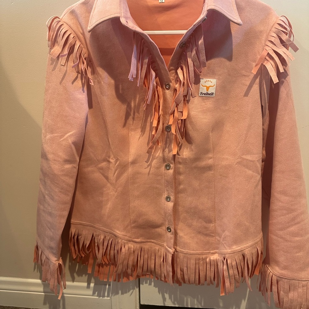 Freiheit light pink fringe, suede button-down shirt.